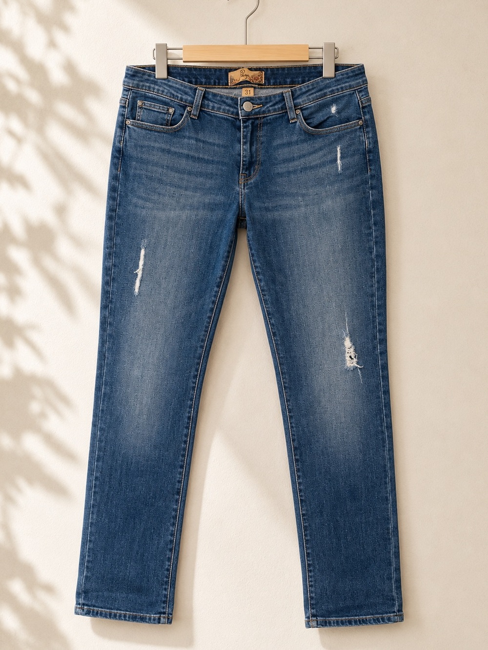 Paige Canyon Boyfriend Mid Rise Jeans Medium Wash Distressed Straight Leg Luxury